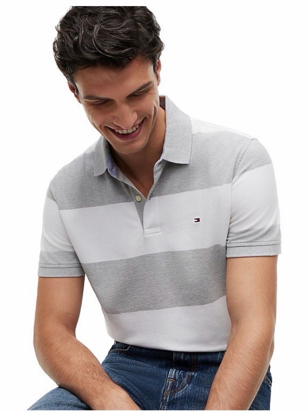 Tommy Hilfiger Men's Short Sleeve Wide Stripe Polo - White & Light Gray